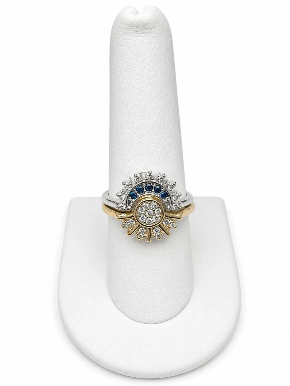 Sterling Silver Celestial Sun & Moon Ring | Blue & Clear CZ | Two-Tone Statement